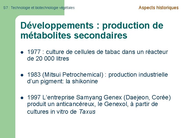S 7 : Technologie et biotechnologie végétales Aspects historiques Développements : production de métabolites