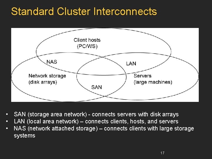 Standard Cluster Interconnects • SAN (storage area network) - connects servers with disk arrays