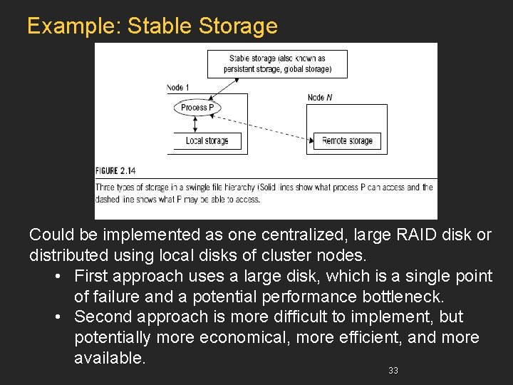 Example: Stable Storage Could be implemented as one centralized, large RAID disk or distributed