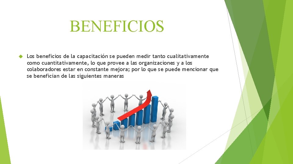 BENEFICIOS Los beneficios de la capacitación se pueden medir tanto cualitativamente como cuantitativamente, lo