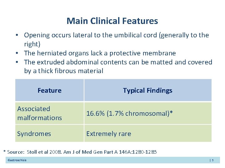 Main Clinical Features • Opening occurs lateral to the umbilical cord (generally to the