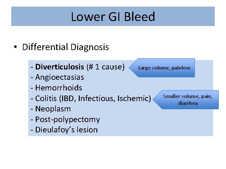 Lower GI Bleed • Differential Diagnosis - Diverticulosis (# 1 cause) Large volume, painless