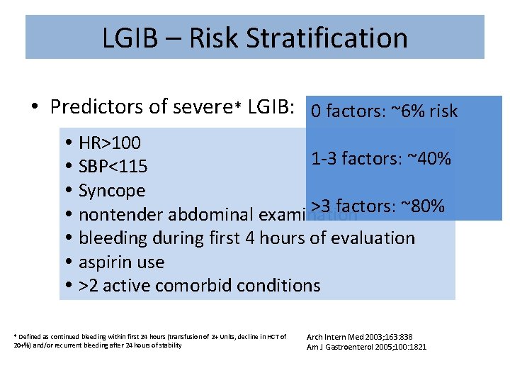 LGIB – Risk Stratification • Predictors of severe* LGIB: 0 factors: ~6% risk HR>100
