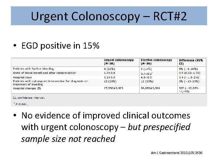 Urgent Colonoscopy – RCT#2 • EGD positive in 15% • No evidence of improved