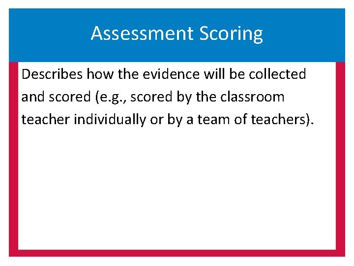 Assessment Scoring Describes how the evidence will be collected and scored (e. g. ,
