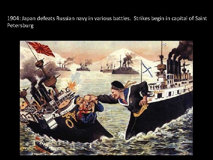 1904: Japan defeats Russian navy in various battles. Strikes begin in capital of Saint