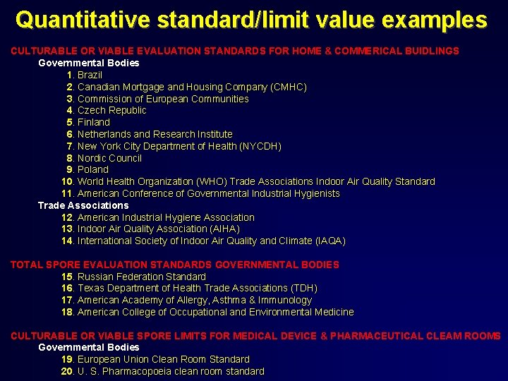Quantitative standard/limit value examples CULTURABLE OR VIABLE EVALUATION STANDARDS FOR HOME & COMMERICAL BUIDLINGS