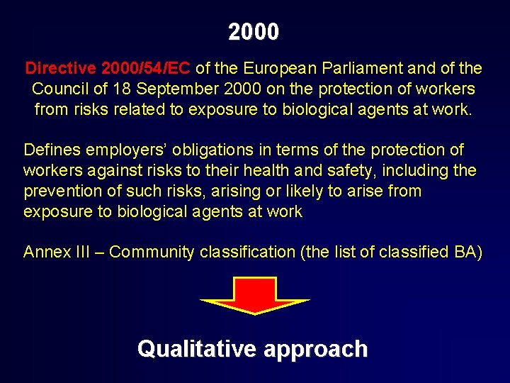 2000 Directive 2000/54/EC of the European Parliament and of the Council of 18 September