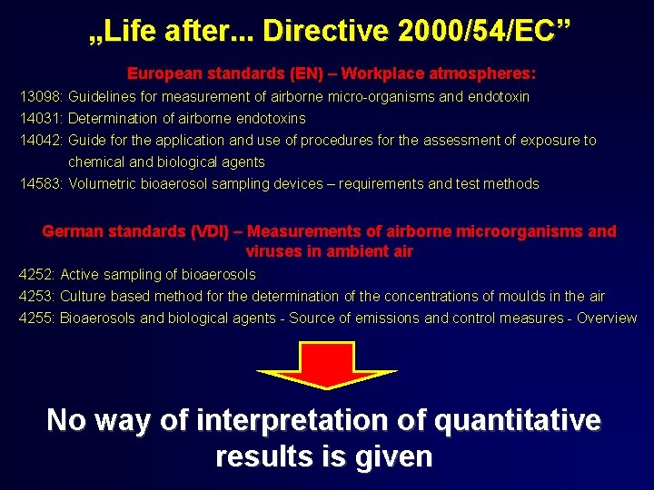 „Life after. . . Directive 2000/54/EC” European standards (EN) – Workplace atmospheres: 13098: Guidelines