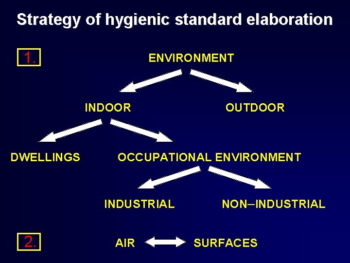 Strategy of hygienic standard elaboration 1. ENVIRONMENT INDOOR DWELLINGS OCCUPATIONAL ENVIRONMENT INDUSTRIAL 2. OUTDOOR