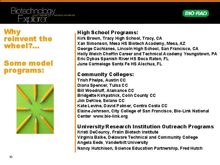 Why reinvent the wheel? … Some model programs: High School Programs: Kirk Brown, Tracy