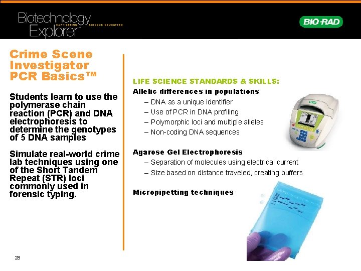 Crime Scene Investigator PCR Basics™ Students learn to use the polymerase chain reaction (PCR)
