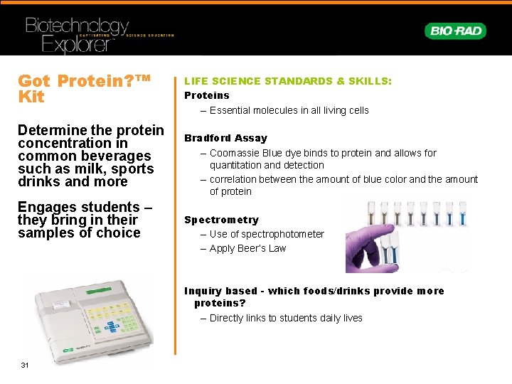 Got Protein? ™ Kit Determine the protein concentration in common beverages such as milk,