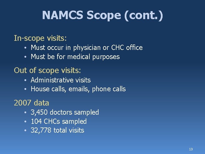 NAMCS Scope (cont. ) In-scope visits: • Must occur in physician or CHC office