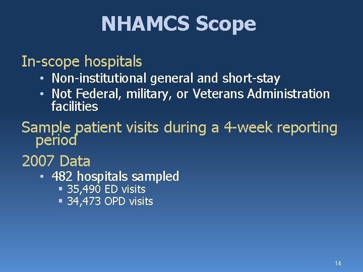 NHAMCS Scope In-scope hospitals • Non-institutional general and short-stay • Not Federal, military, or