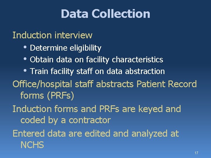 Data Collection Induction interview • Determine eligibility • Obtain data on facility characteristics •