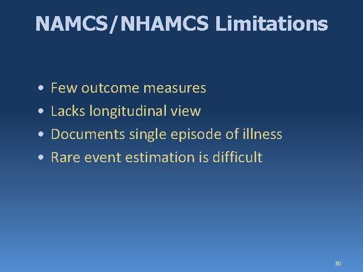 NAMCS/NHAMCS Limitations • • Few outcome measures Lacks longitudinal view Documents single episode of