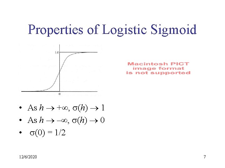 Properties of Logistic Sigmoid • As h + , s(h) 1 • As h