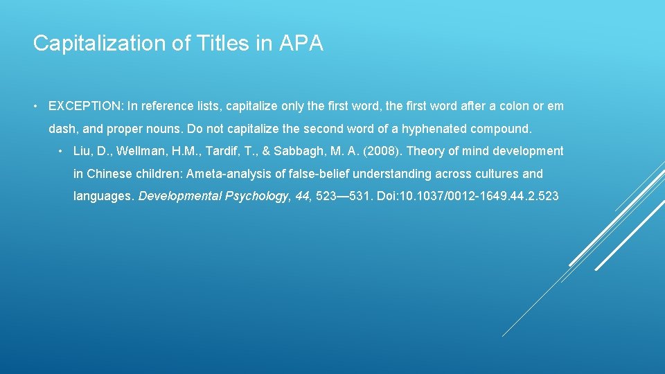 Capitalization of Titles in APA • EXCEPTION: In reference lists, capitalize only the first