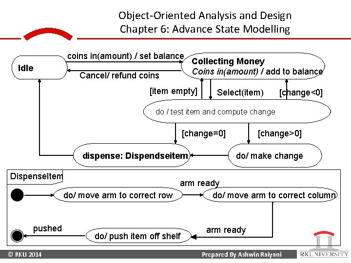 Object-Oriented Analysis and Design Chapter 6: Advance State Modelling coins in(amount) / set balance