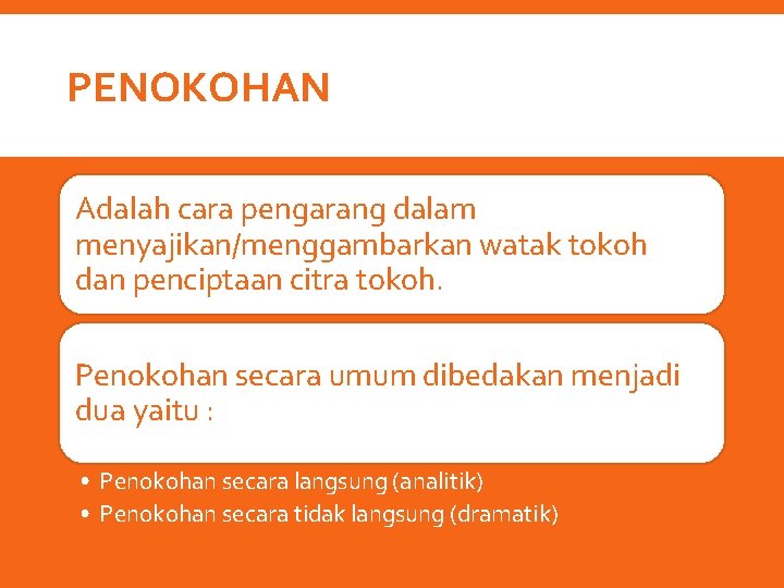 PENOKOHAN Adalah cara pengarang dalam menyajikan/menggambarkan watak tokoh dan penciptaan citra tokoh. Penokohan secara