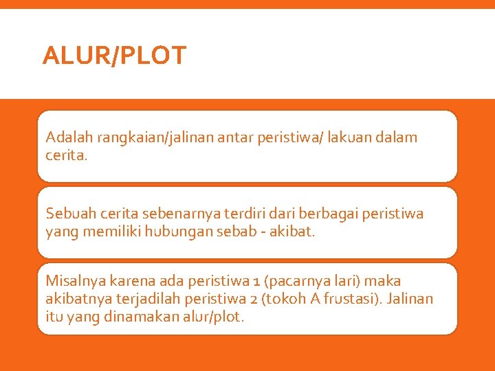 ALUR/PLOT Adalah rangkaian/jalinan antar peristiwa/ lakuan dalam cerita. Sebuah cerita sebenarnya terdiri dari berbagai