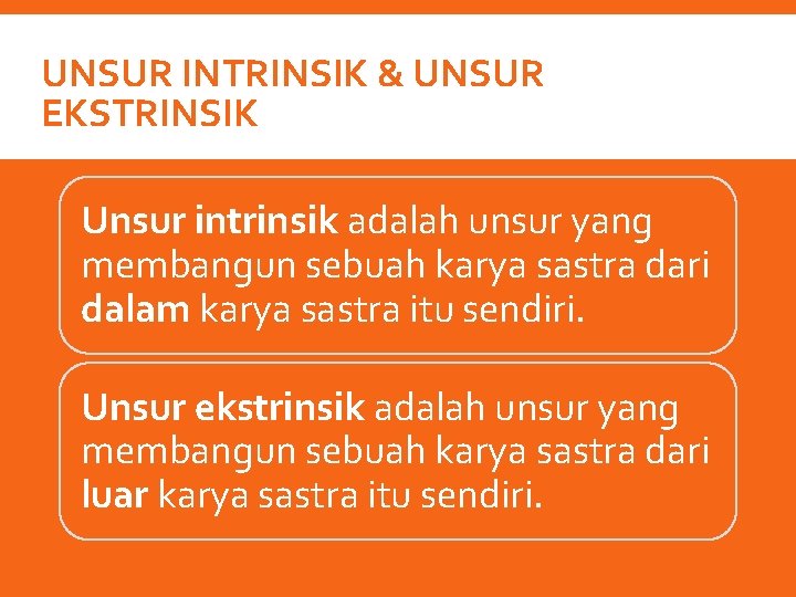 UNSUR INTRINSIK & UNSUR EKSTRINSIK Unsur intrinsik adalah unsur yang membangun sebuah karya sastra