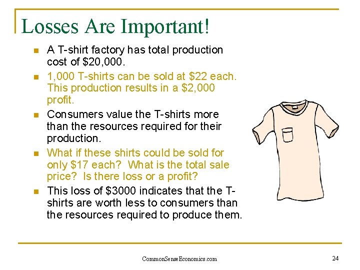 Losses Are Important! n n n A T-shirt factory has total production cost of