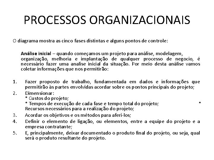 PROCESSOS ORGANIZACIONAIS O diagrama mostra as cinco fases distintas e alguns pontos de controle: