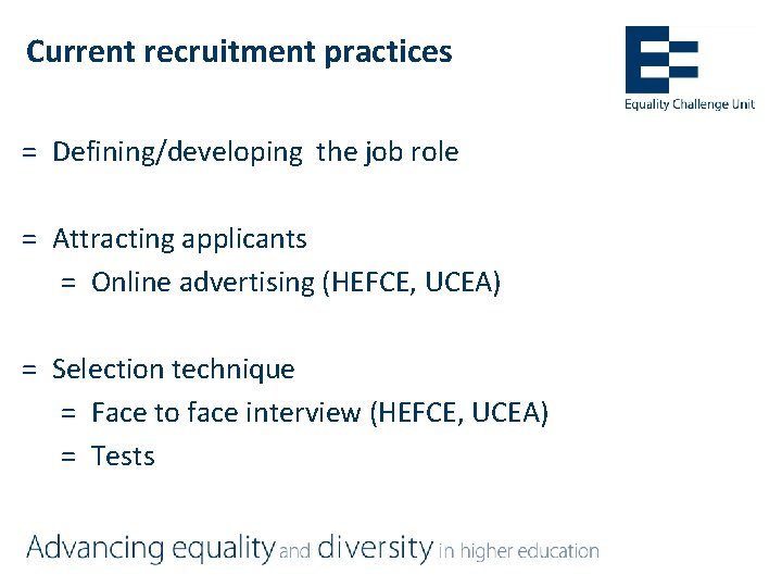 Current recruitment practices = Defining/developing the job role = Attracting applicants = Online advertising
