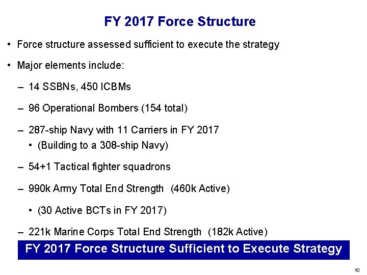 FY 2017 Force Structure • Force structure assessed sufficient to execute the strategy •