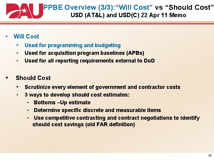 PPBE Overview (3/3): “Will Cost” vs “Should Cost” USD (AT&L) and USD(C) 22 Apr