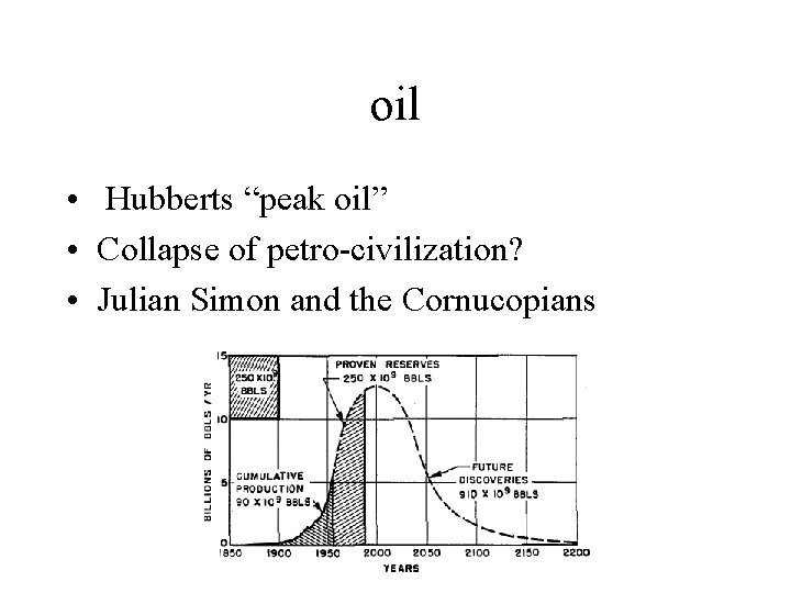 oil • Hubberts “peak oil” • Collapse of petro-civilization? • Julian Simon and the