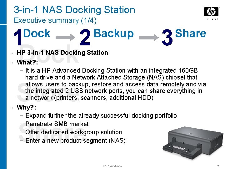 3 -in-1 NAS Docking Station Executive summary (1/4) 1 Dock 2 Backup Dock 3
