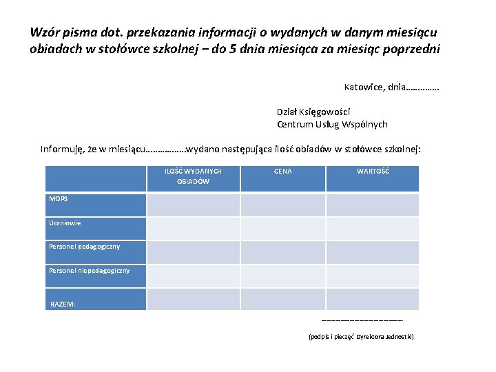 Wzór pisma dot. przekazania informacji o wydanych w danym miesiącu obiadach w stołówce szkolnej