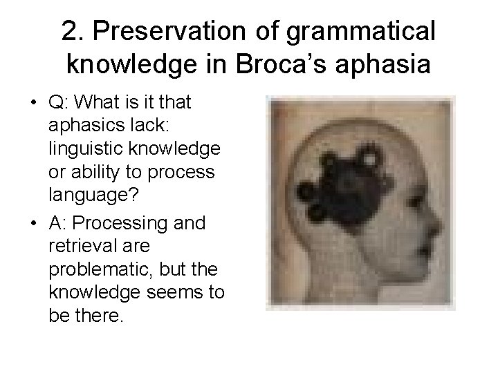 2. Preservation of grammatical knowledge in Broca’s aphasia • Q: What is it that