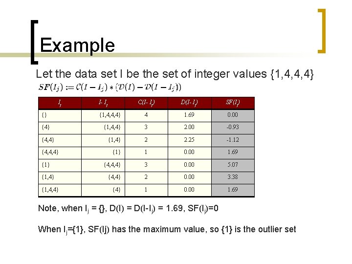 Example Let the data set I be the set of integer values {1, 4,