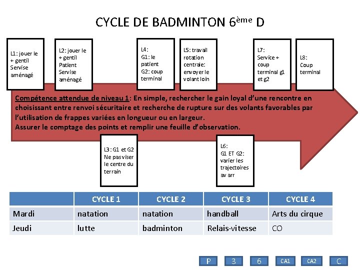 CYCLE DE BADMINTON 6ème D L 1: jouer le + gentil Servise aménagé L