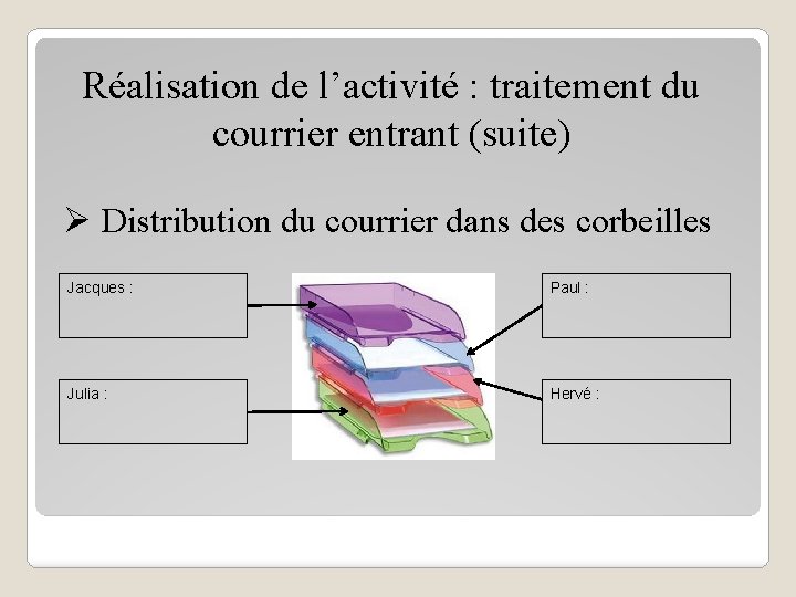 Réalisation de l’activité : traitement du courrier entrant (suite) Ø Distribution du courrier dans