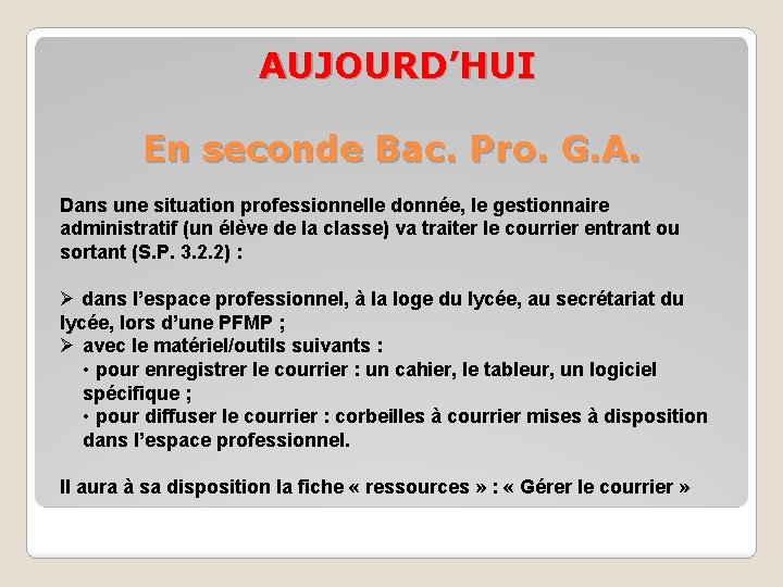 AUJOURD’HUI En seconde Bac. Pro. G. A. Dans une situation professionnelle donnée, le gestionnaire