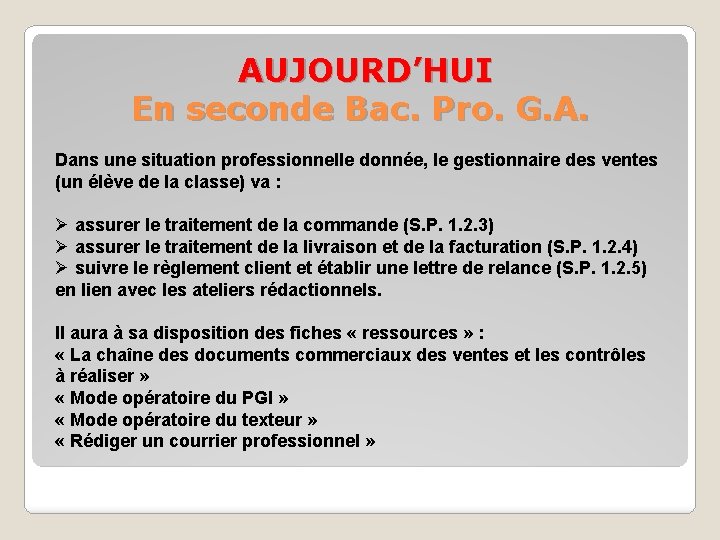 AUJOURD’HUI En seconde Bac. Pro. G. A. Dans une situation professionnelle donnée, le gestionnaire