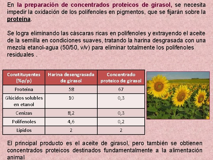 En la preparación de concentrados proteicos de girasol, se necesita impedir la oxidación de