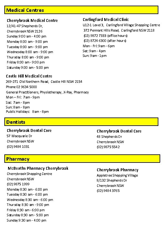 Medical Centres Cherrybrook Medical Centre 12/41 -47 Shepherds Dr, Cherrybrook NSW 2126 Sunday 9: