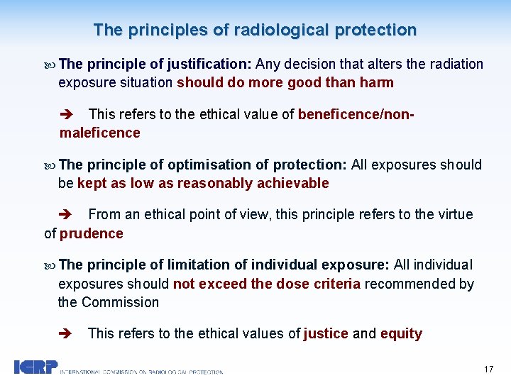 The principles of radiological protection The principle of justiﬁcation: Any decision that alters the