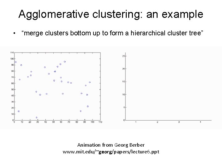 Agglomerative clustering: an example • “merge clusters bottom up to form a hierarchical cluster