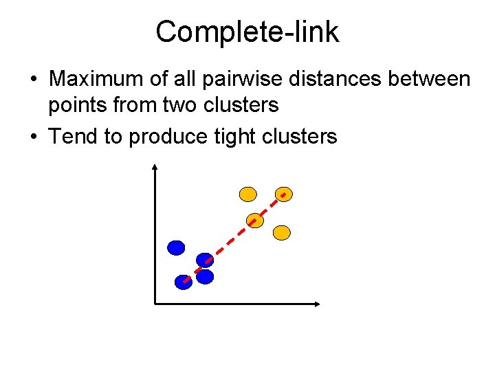 Complete-link • Maximum of all pairwise distances between points from two clusters • Tend