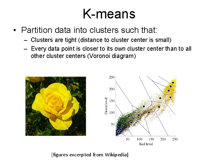 K-means • Partition data into clusters such that: – Clusters are tight (distance to