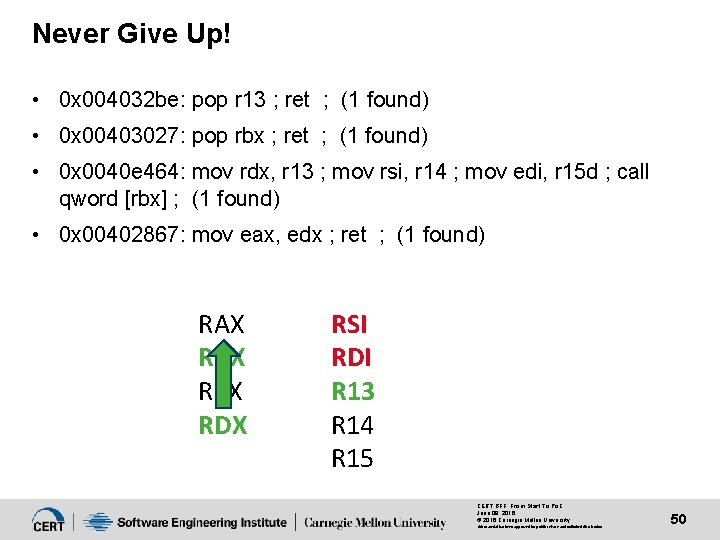 Never Give Up! • 0 x 004032 be: pop r 13 ; ret ;