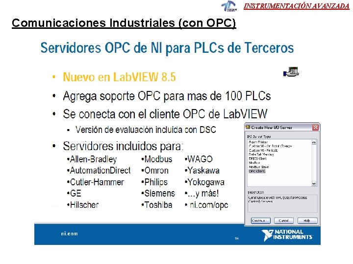 INSTRUMENTACIÓN AVANZADA Comunicaciones Industriales (con OPC) 