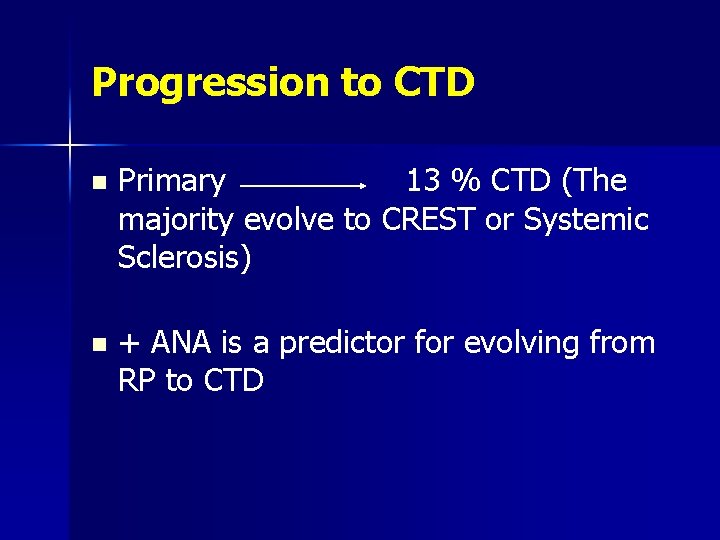 Progression to CTD n Primary 13 % CTD (The majority evolve to CREST or